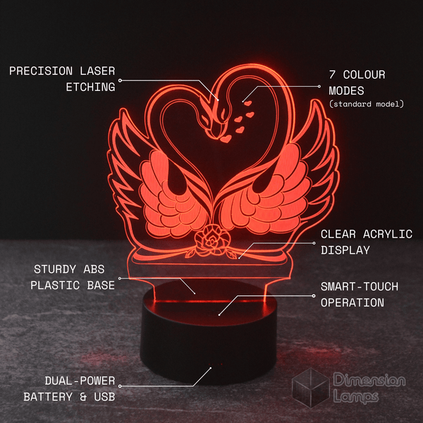 Key attributes of the Swan Kiss LED lamp: precision laser etching on clear acrylic, a sturdy ABS base, smart-touch operation, and versatile battery & USB power.