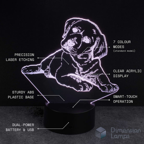 LED lamp with a Labrador golden retriever puppy design on a black background, featuring technical details.