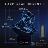 Measurement chart of a Labrador golden retriever puppy-shaped lamp with dimensions on a dark background