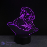 3D LED lamp shaped like a Labrador golden retriever puppy on a black background with 'Dimension Lamps' branding.