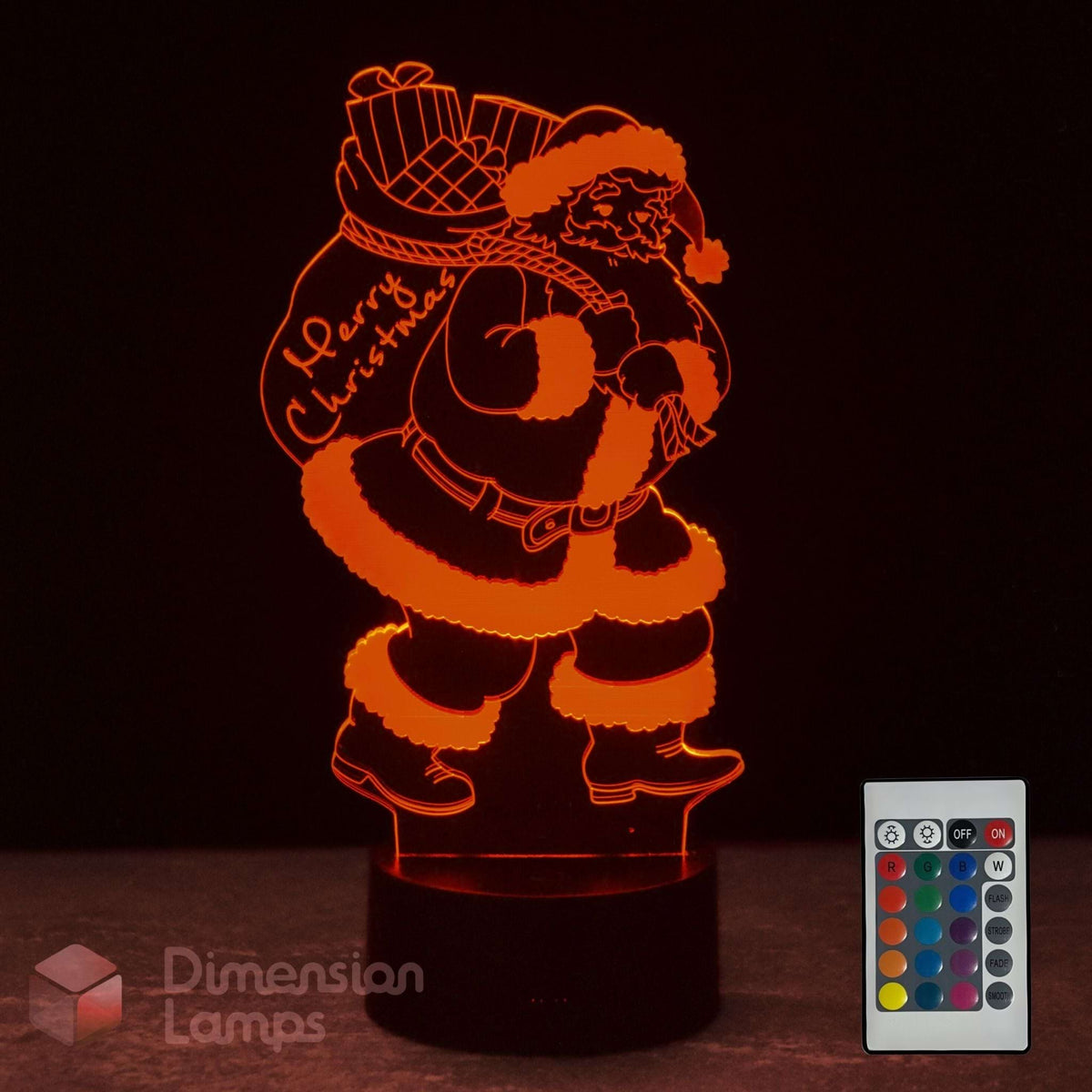 A red LED acrylic 3D laser-cut Christmas lamp featuring Santa carrying a gift sack with 'Merry Christmas' lettering, a remote control and brand logo.