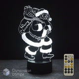 A glowing white Santa Claus 3D LED night light carrying a Christmas sack with 'Merry Christmas' written on it, on a black base with a remote control.