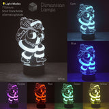 A collage showing a 3D optical illusion LED night light of Santa Claus, demonstrating the lamp in white, cyan, blue, purple, red, green, and yellow.