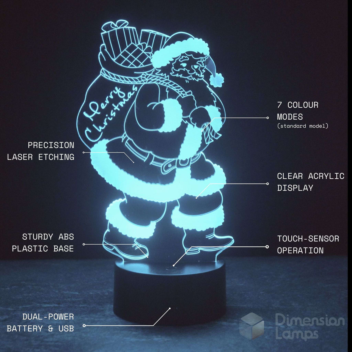 A 3D LED acrylic lamp of Santa Claus carrying a Christmas sack, glowing white against a dark background. Featuring text callouts pointing to features.