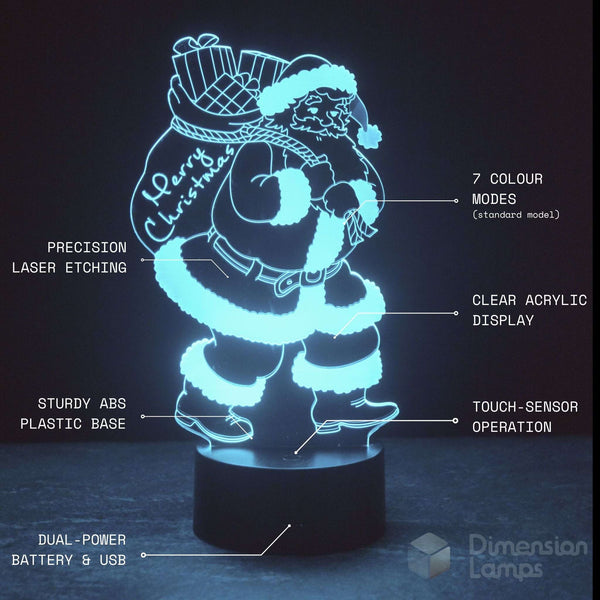 A 3D LED acrylic lamp of Santa Claus carrying a Christmas sack, glowing white against a dark background. Featuring text callouts pointing to features.