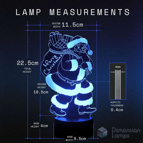 Lamp measurements diagram for a glowing Christmas Santa figure lamp, showing design width 11.5cm, total height 22.5cm and base width 8.5cm.