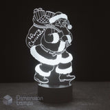 A glowing white LED night light of Santa Claus carrying a Christmas sack, on a black base against a dark background. And the words 'Merry Christmas'.