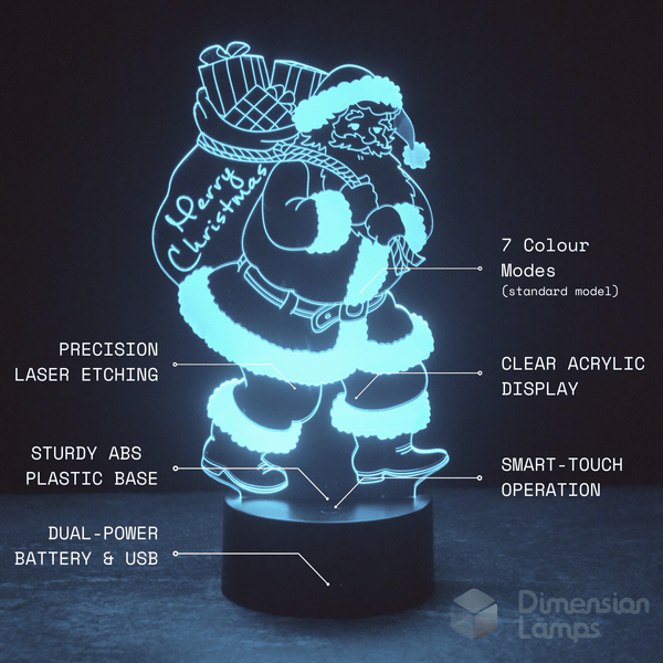 A distinctive gift idea: a blue Santa 3D lamp with "Merry Christmas" on his sack, offering unique Christmas lighting for the holiday season.