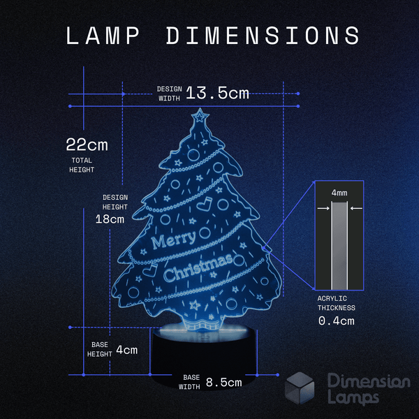Merry Christmas Tree 3D Lamp features for holiday themed lighting: 7 colour modes and remote control options.