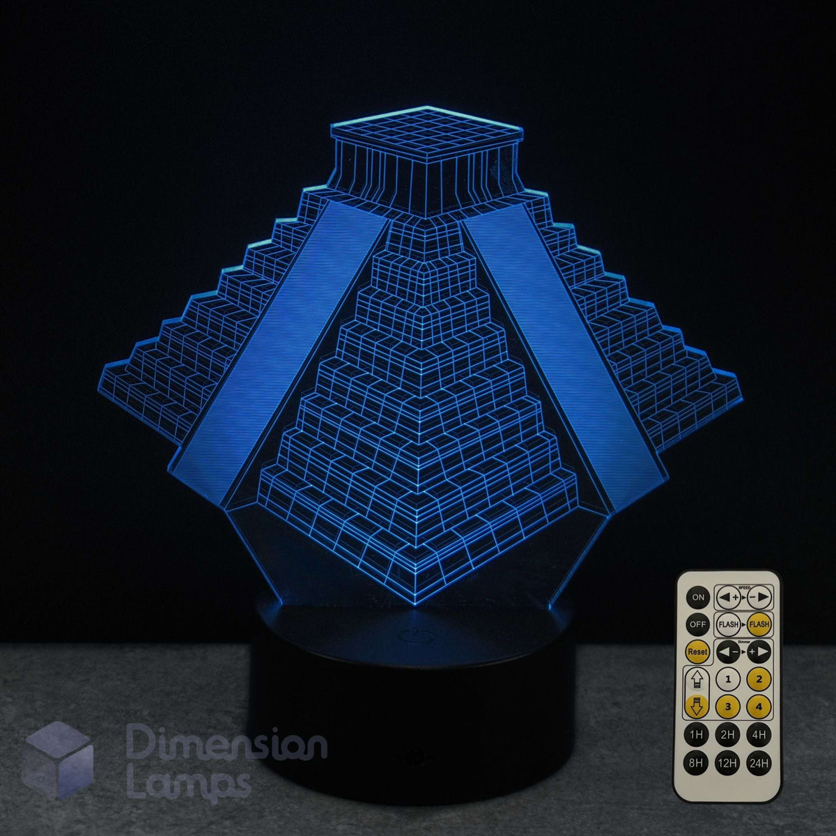 3D meso pyramid-shaped lamp with remote control on a dark background. - Ancient Architecture gift idea. 