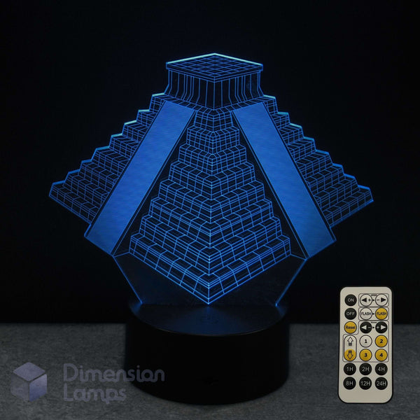 3D meso pyramid-shaped lamp with remote control on a dark background. - Ancient Architecture gift idea. 