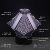 3D pyramid-shaped lamp with feature labels on a black background