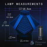 Measurement chart of a Mesoamerican Pyramid lamp design with dimensions on a dark background.