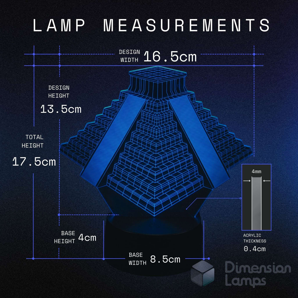 Measurement chart of a Mesoamerican Pyramid lamp design with dimensions on a dark background.