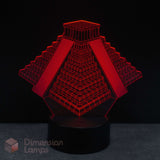Red pyramid-shaped lamp on a black background with 'Dimension Lamps' branding. Archaeology student gift idea. 