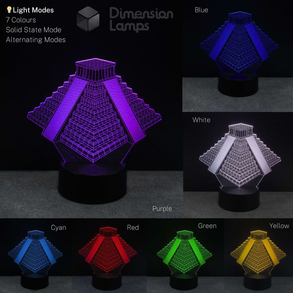 Multicolour light mode options for the Mesoamerican Pyramid lamp. Gift idea for archaeology students. 