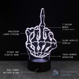 Lamp shaped like a hand making a finger with text detailing features on a black background. Gift idea for teenage boys. 