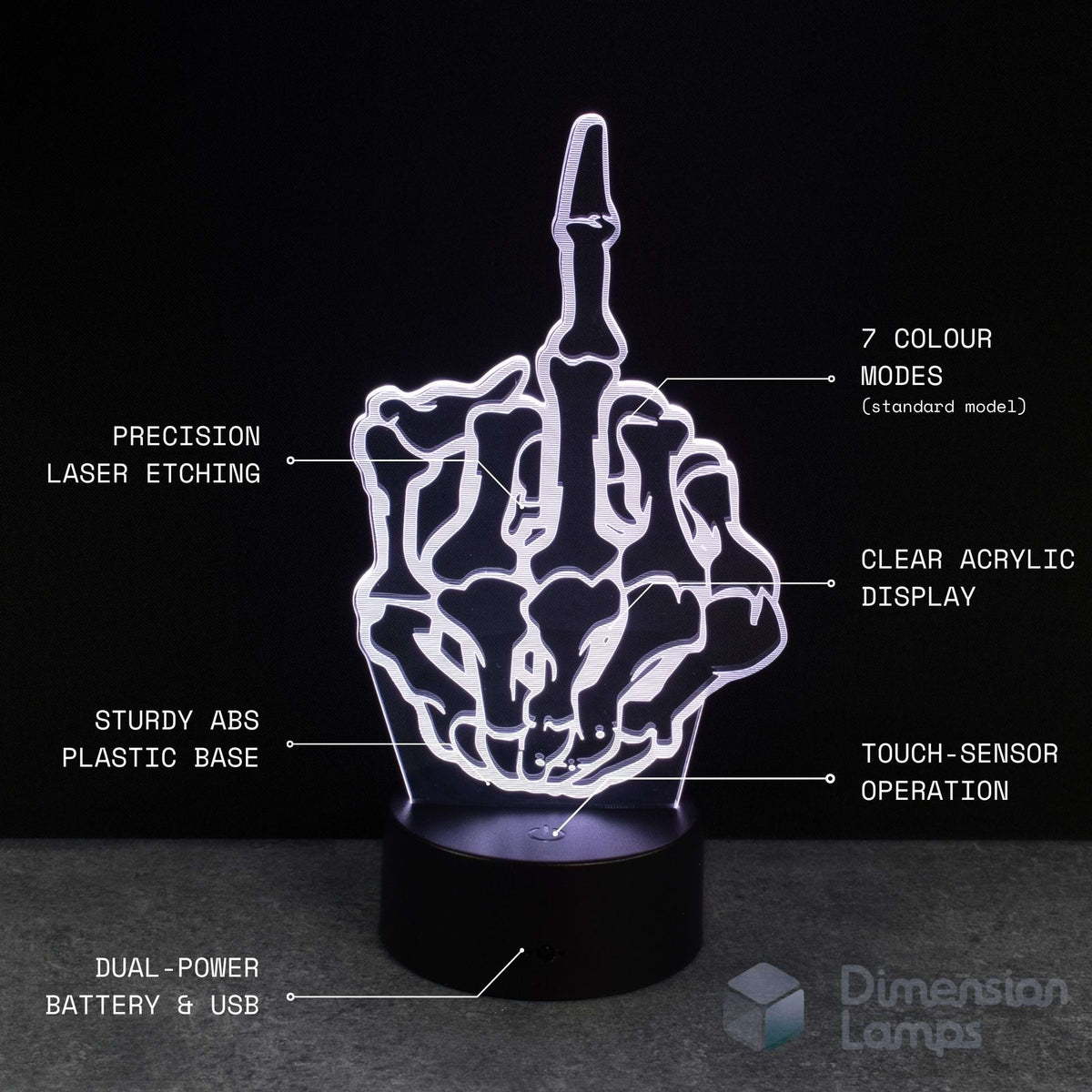 Lamp shaped like a hand making a finger with text detailing features on a black background. Gift idea for teenage boys. 