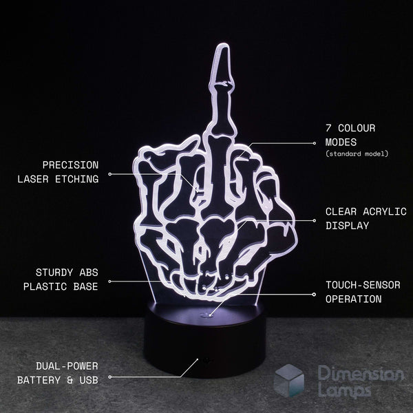 Lamp shaped like a hand making a finger with text detailing features on a black background. Gift idea for teenage boys. 
