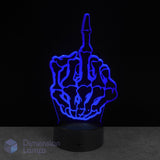 Blue skeleton hand lamp on a black background, brand 'Dimension Lamps' visible.