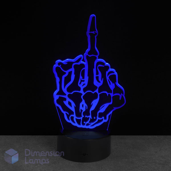 Blue skeleton hand lamp on a black background, brand 'Dimension Lamps' visible.