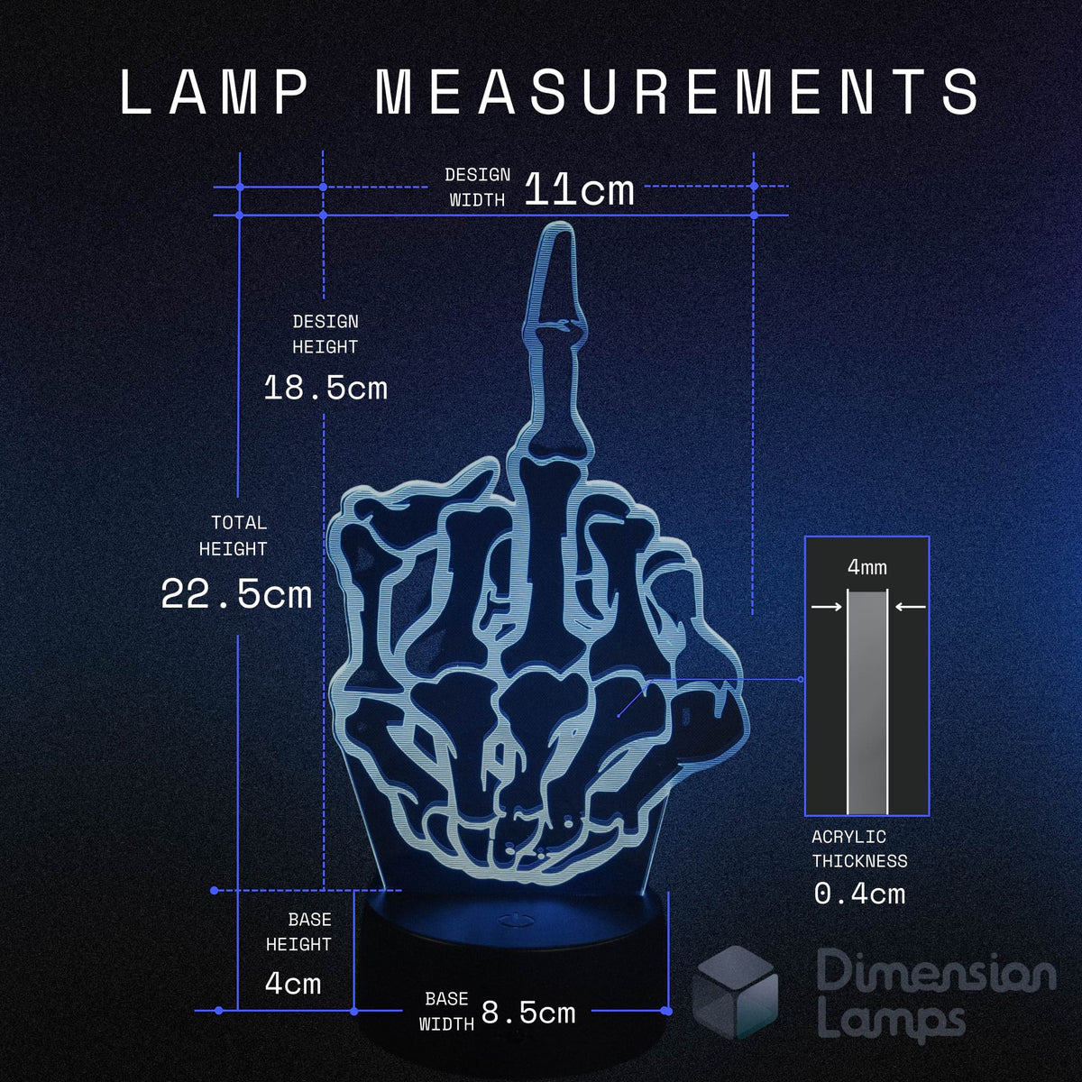 Measurement chart of a lamp shaped like a hand with a finger, showing dimensions and acrylic thickness. Teens gift idea.