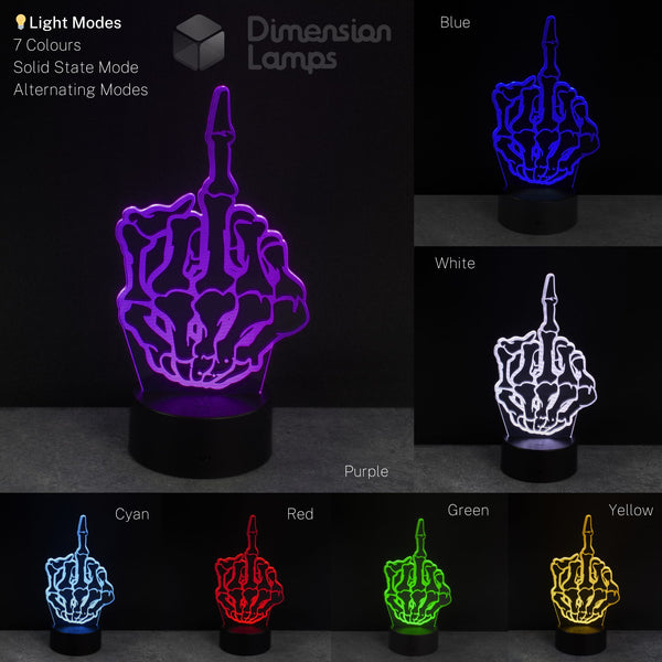 LED lamp with skeleton hand design in various colors on a dark background