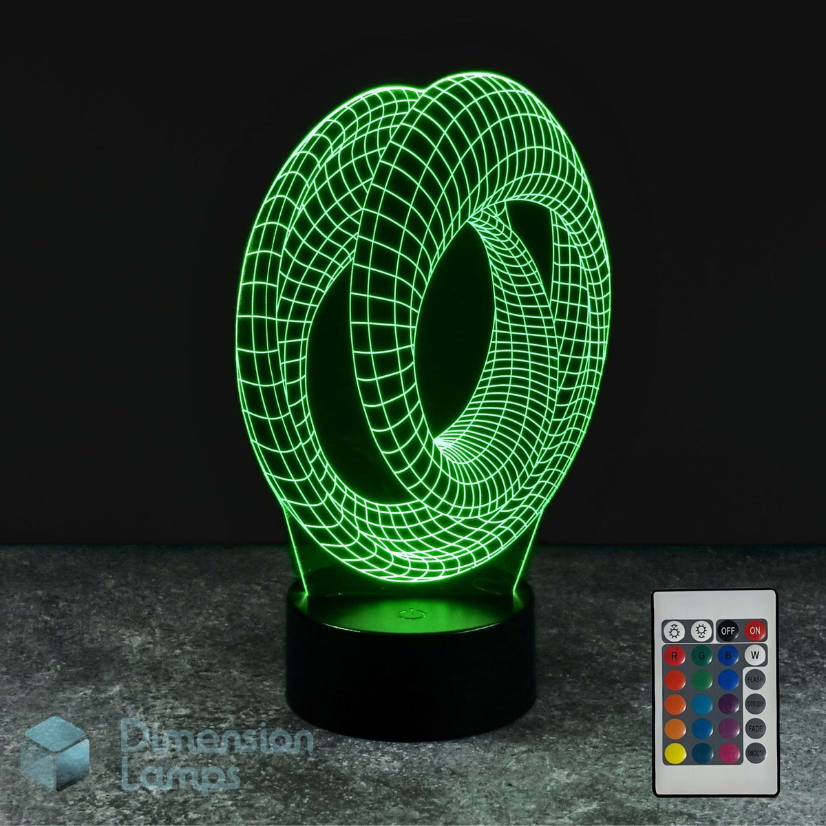 A 3D optical illusion LED night light of a mobius strip scientific gift idea, glowing green on a black base, shown with a remote control and a 'Dimension Lamps' logo watermark against a dark background.