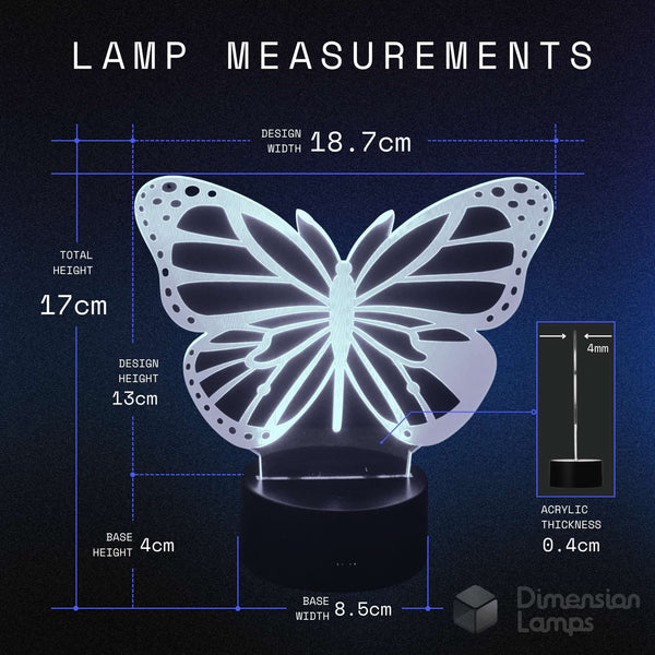 Lamp measurements diagram for a butterfly-shaped LED light on a black base, showing total height 17cm, design width 18.7cm, base width 8. Girls butterfly gift idea.