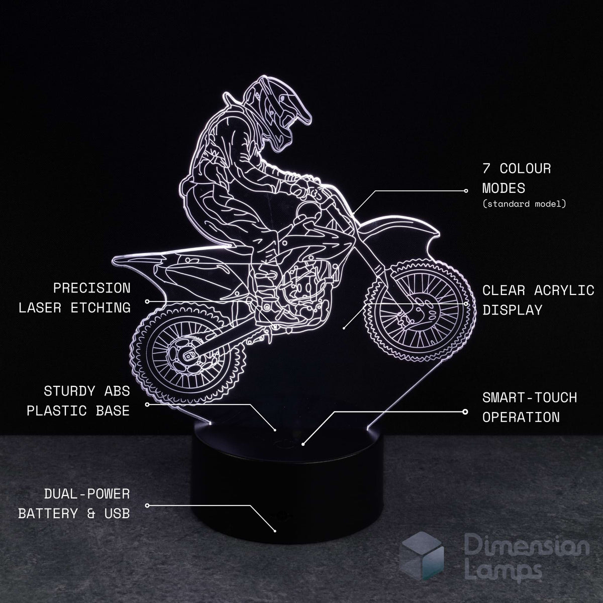 Motorcycle-themed lamp with technical specifications on a black background Gift idea for dirt bike riders.
