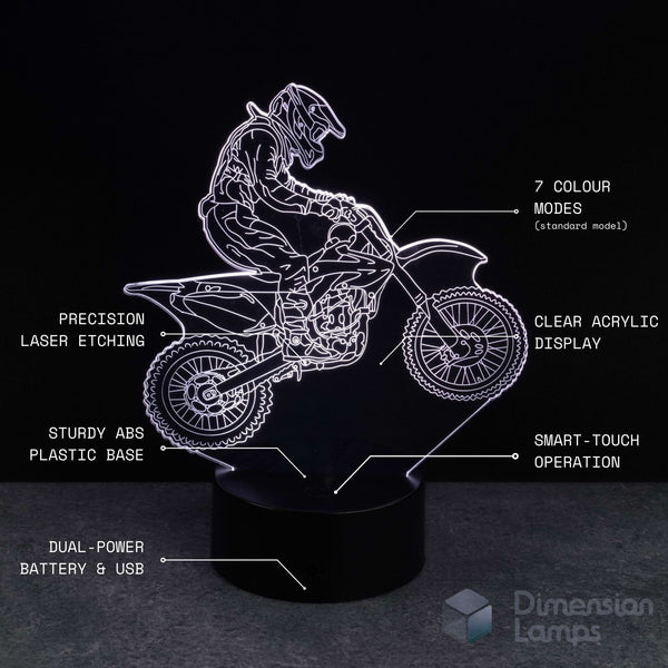 Motorcycle-themed lamp with technical specifications on a black background Gift idea for dirt bike riders.