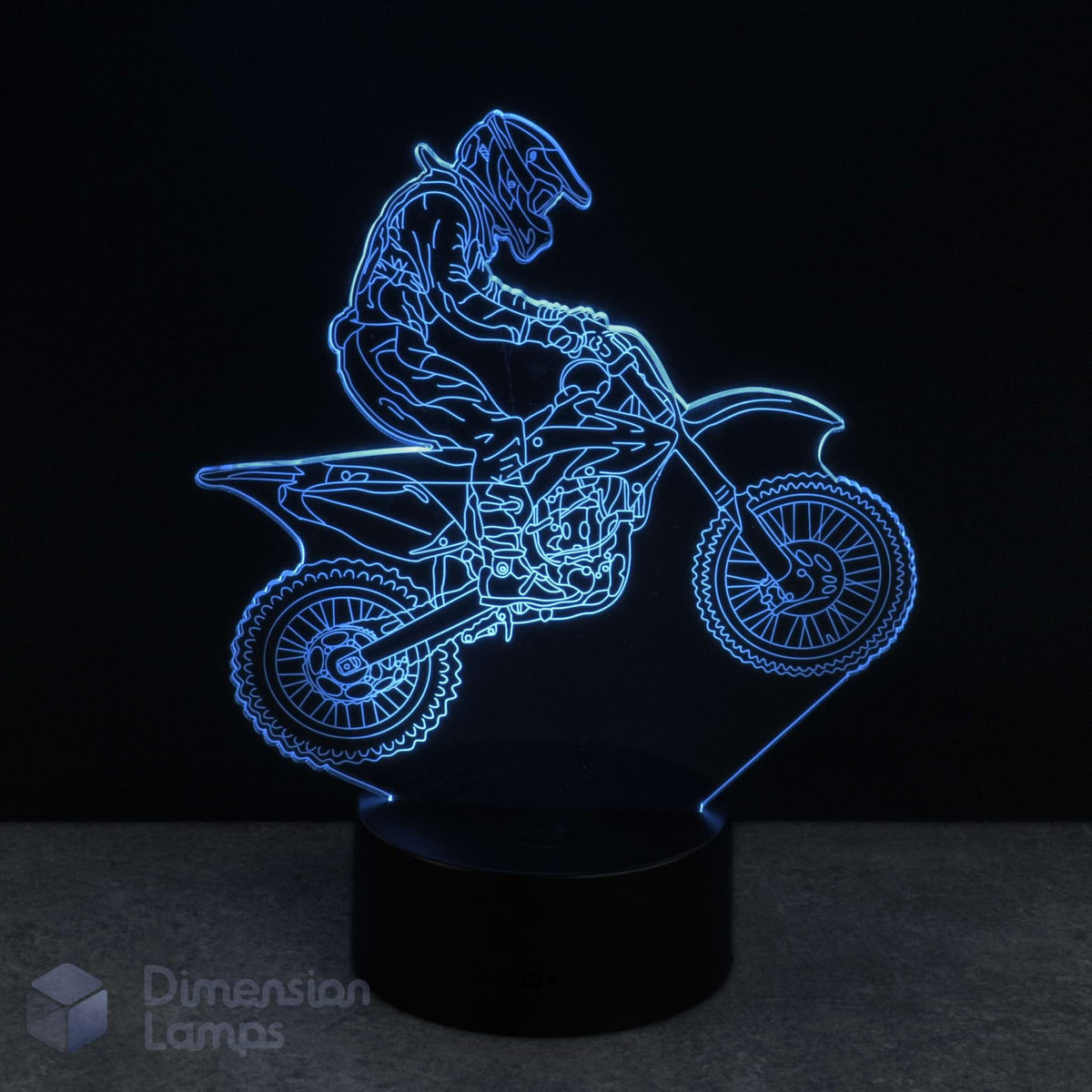 3D LED lamp of a motocross rider on a bike with blue light on a black background. Gift idea for dirt bike riders.