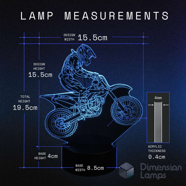 Measurement chart of a motorcycle-themed lamp with dimensions on a dark background. Gift idea for dirt bike riders.