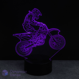 3D LED lamp with a motorcycle and rider design on a black background, branded 'Dimension Lamps'. Gift idea for dirt bike riders.