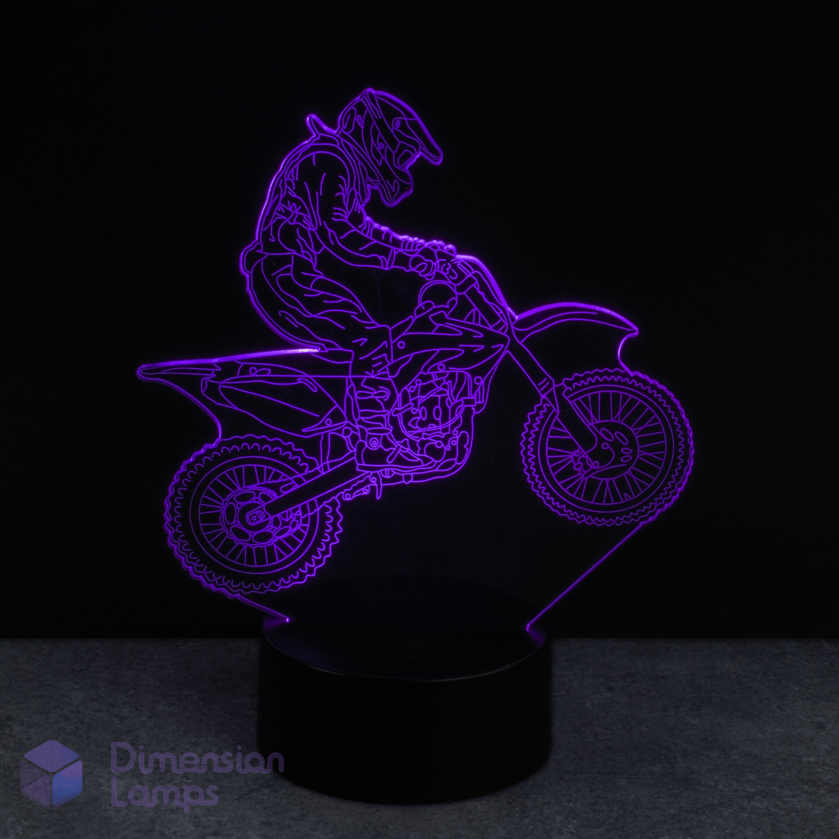 3D LED lamp with a motorcycle and rider design on a black background, branded 'Dimension Lamps'. Gift idea for dirt bike riders.