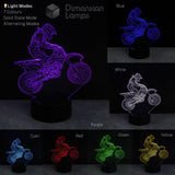 Motorcycle-themed 3D LED lamp displaying various colour options on a dark background. Gift idea for dirt bike riders.