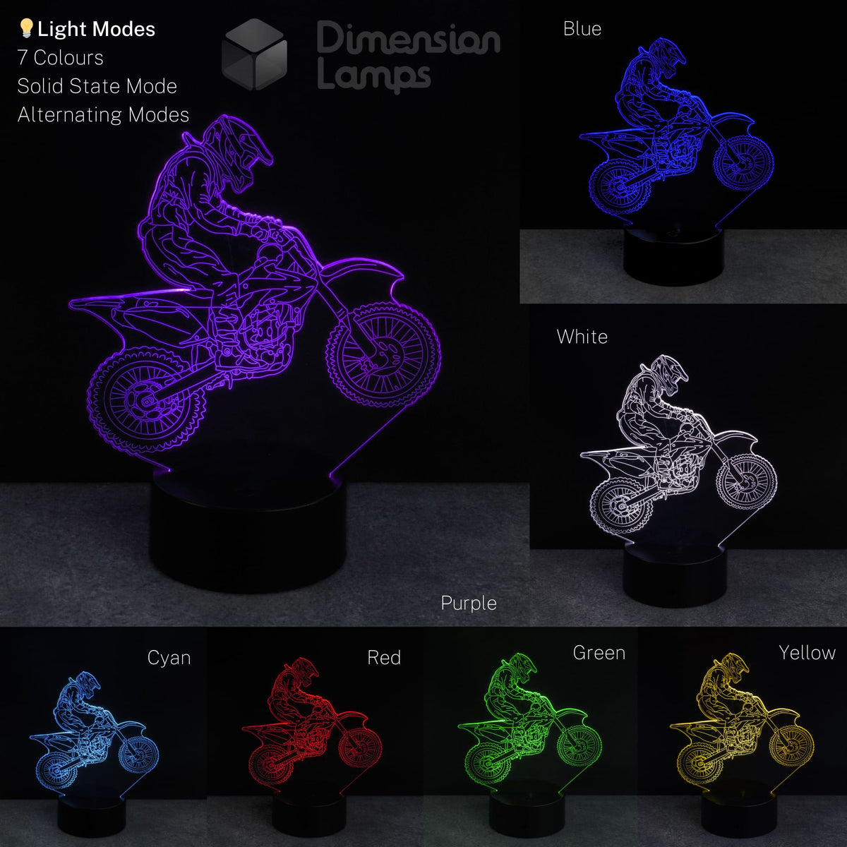 Motorcycle-themed 3D LED lamp displaying various colour options on a dark background. Gift idea for dirt bike riders.