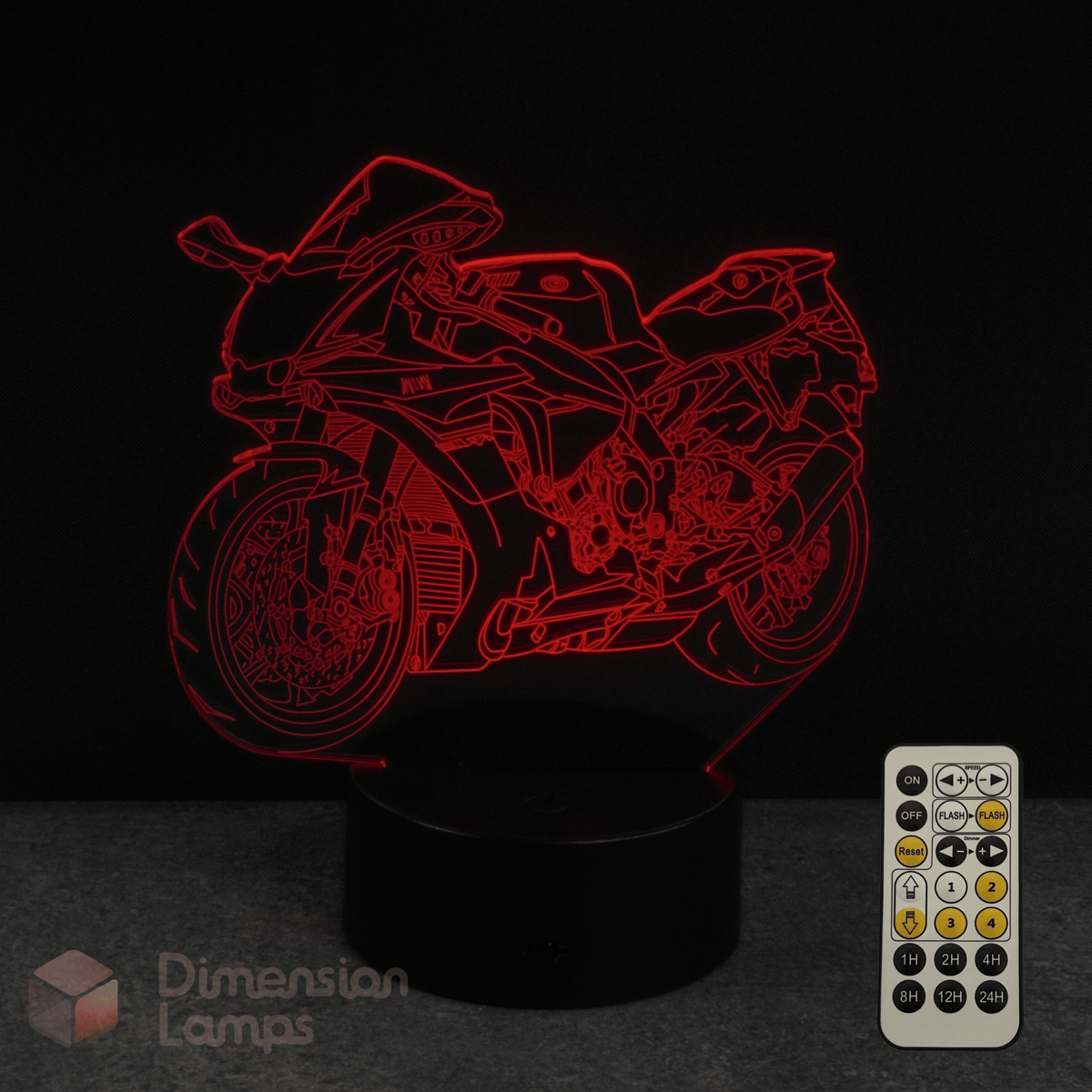 Motorcycle-shaped night light with remote control on a dark background. Perfect gift for Supersport and Sports Bike fans.
