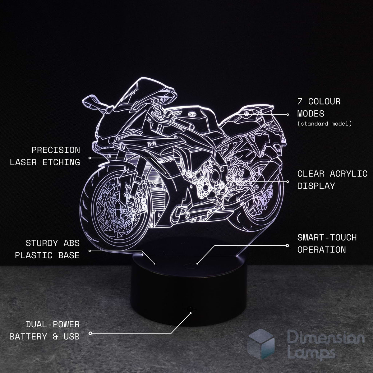 Motorcycle-shaped night light with technical details on a black background. Gift idea for teens.