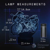 Measurement chart of a motorcycle LED 3D lamp design with dimensions on a dark background. 
