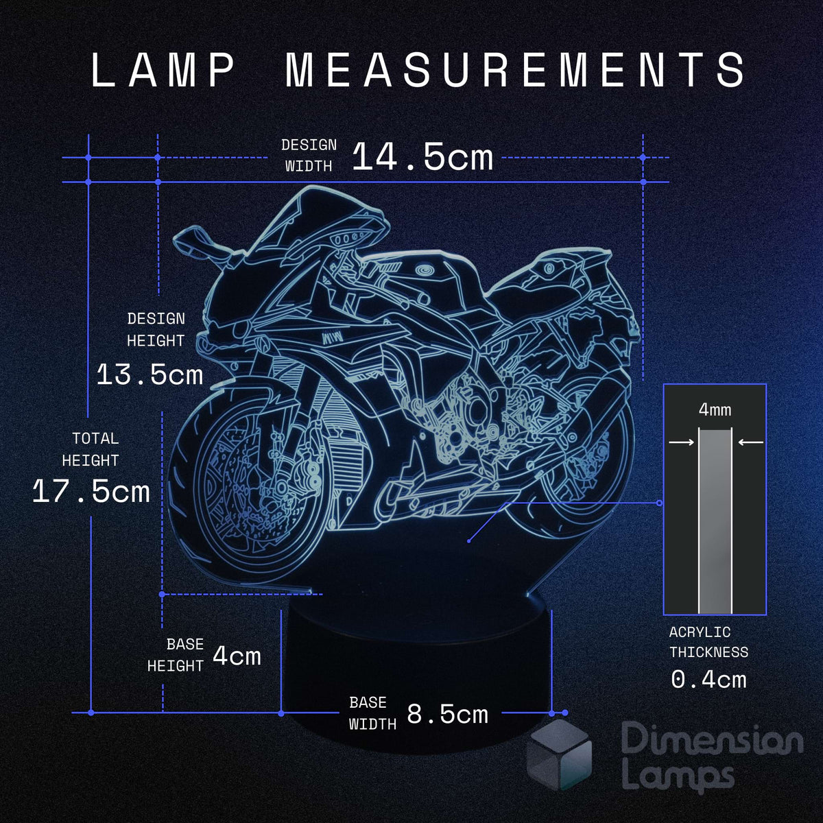 Measurement chart of a motorcycle LED 3D lamp design with dimensions on a dark background. 