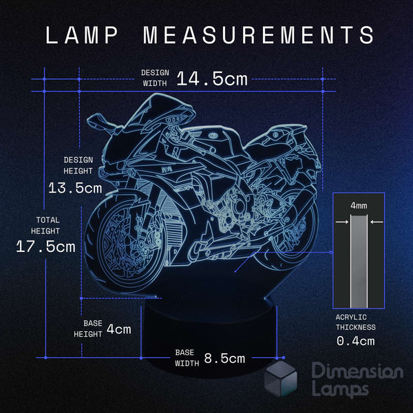Measurement chart of a motorcycle LED 3D lamp design with dimensions on a dark background. 