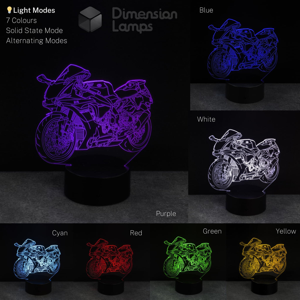 Motorcycle-shaped 3D LED lamp displaying various colour modes on a dark background. Supersport or Sports Bike design.