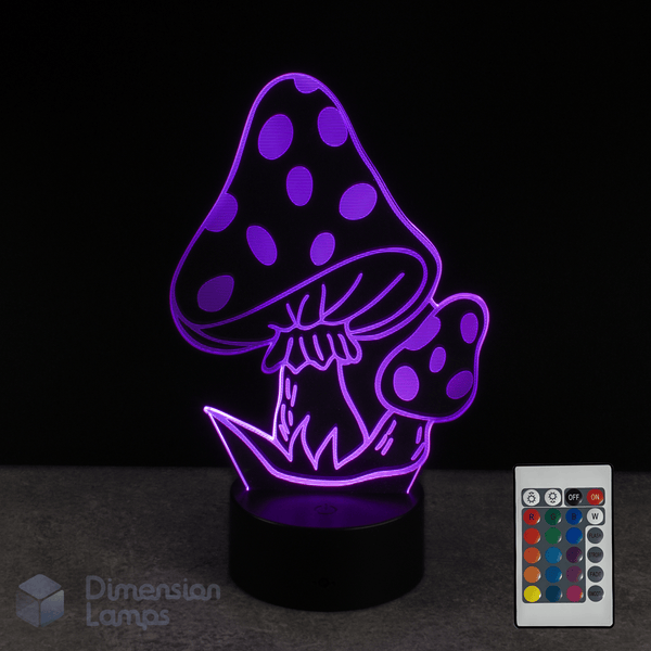 Mushroom-shaped LED lamp with purple polka dot design and remote control on a dark background