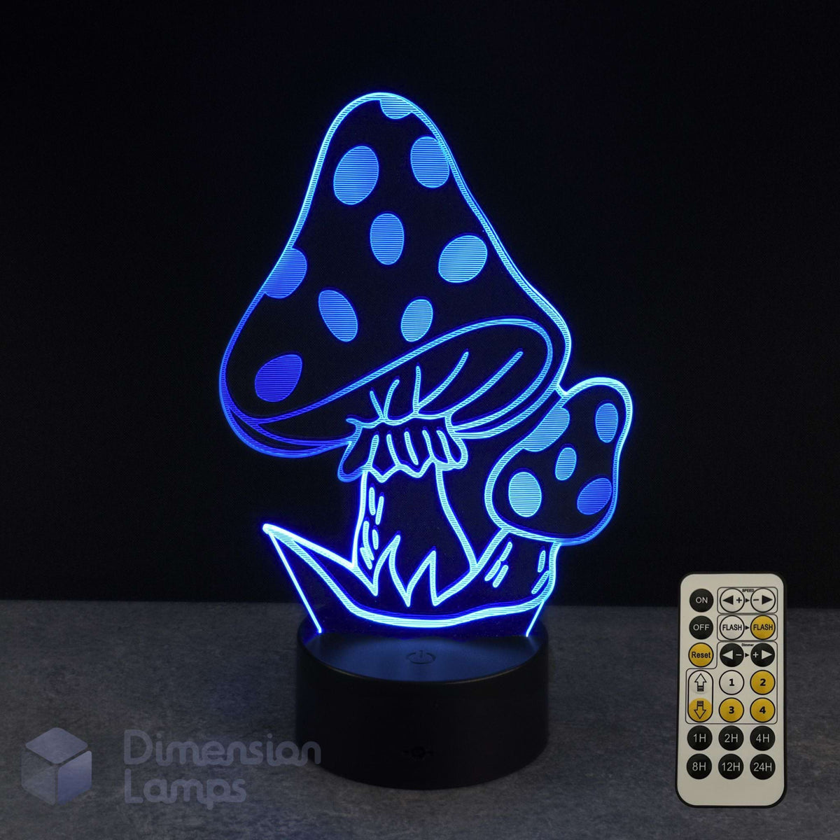 A 3D optical illusion night light shaped like mushrooms, glowing with blue LED light on a black base, shown with its remote control against a dark background. Fantasy gift idea.