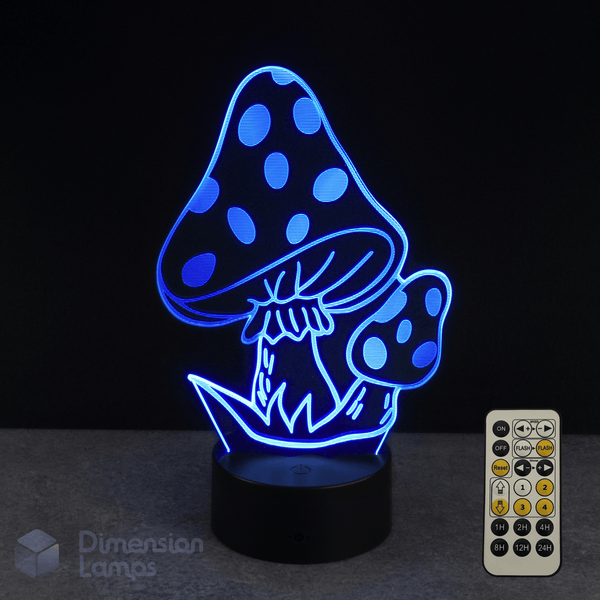 Mushroom-shaped LED lamp with blue light and remote control on a dark background