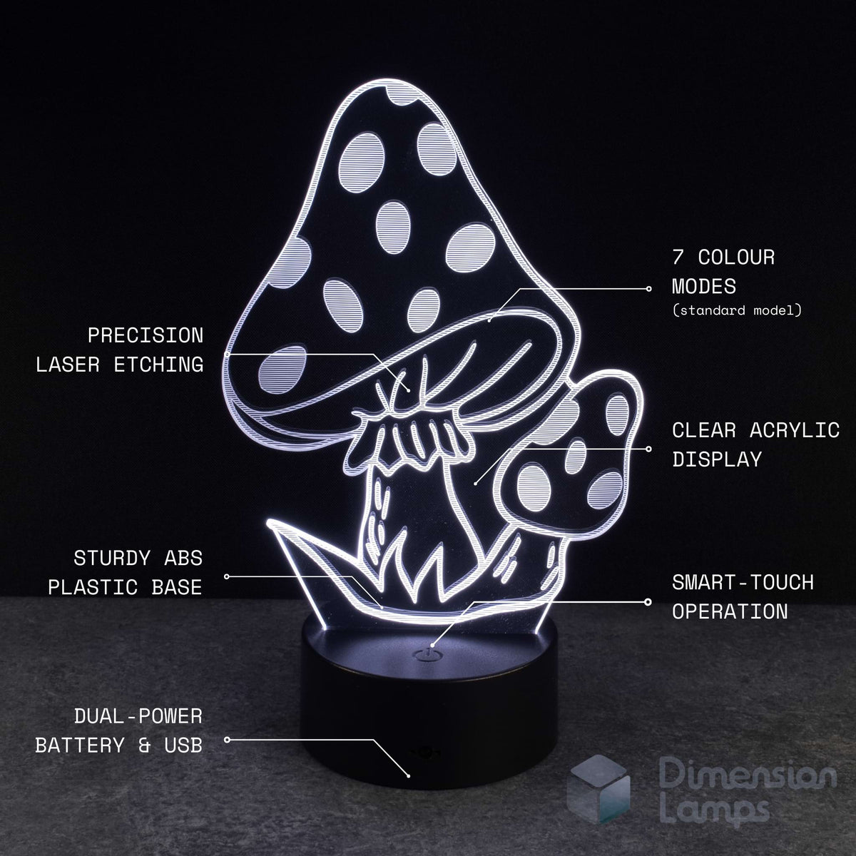 Mushroom-shaped night light with features listed on a black background. Available in Australia.