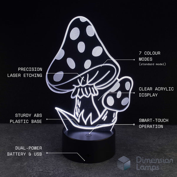 Mushroom-shaped night light with features listed on a black background. Available in Australia.