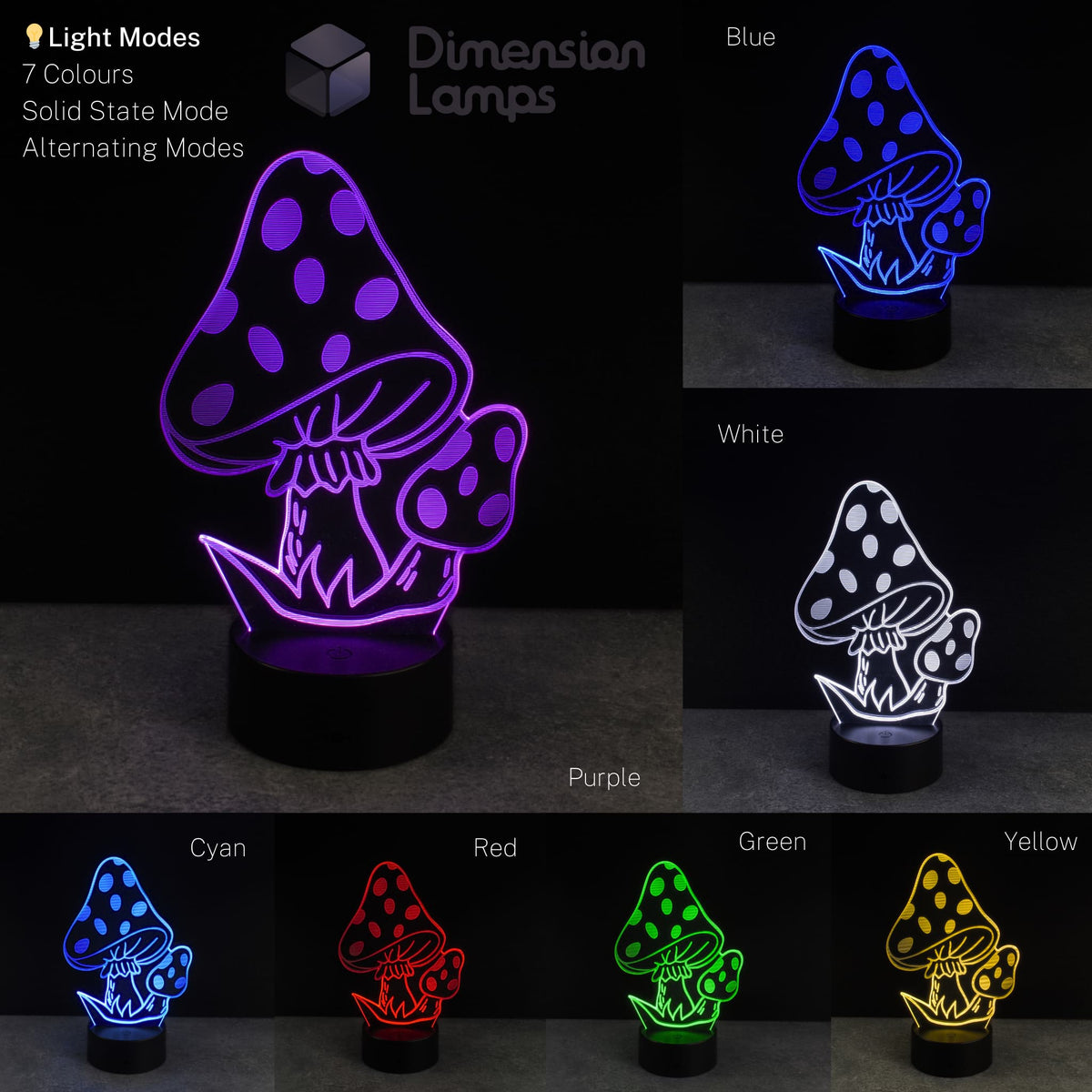 Mushroom-shaped LED 3d lamp displaying various colour modes on a dark background.