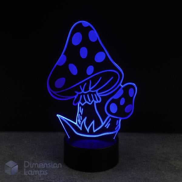 Mushroom-shaped LED lamp with blue lighting on a dark background, night lamp Australia.